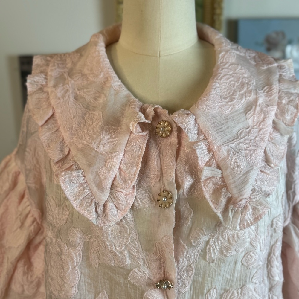 Sister Jane Pink XL Semi Sheer Puff Sleeve Top with Ruffle Collar